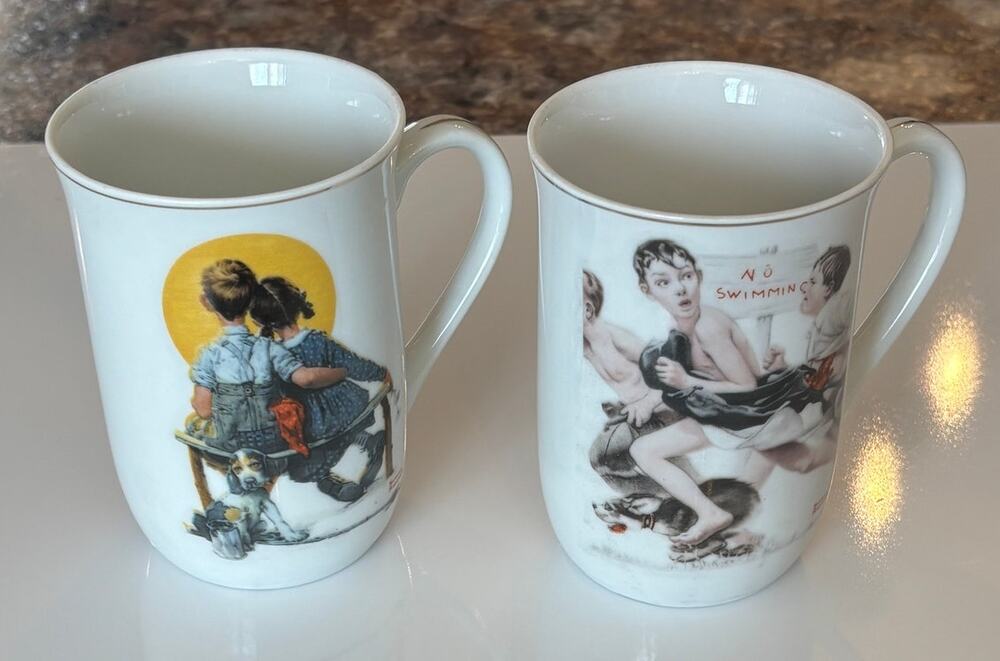 Vintage 1980s Norman Rockwell Puppy Love No Swimming Mugs Set Japan